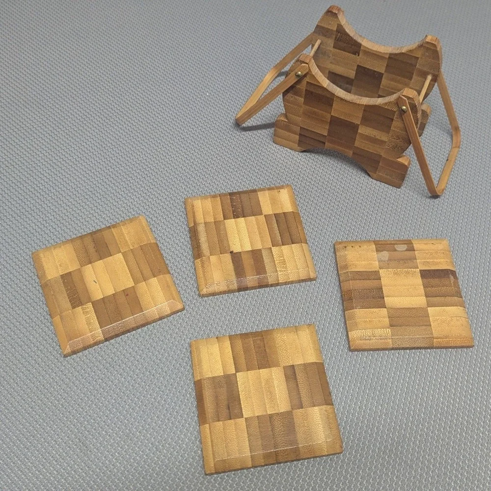 VTG Bamboo Checkerboard Coaster Set w/ Caddy Holder 5 Piece Natural Wood Parquet
